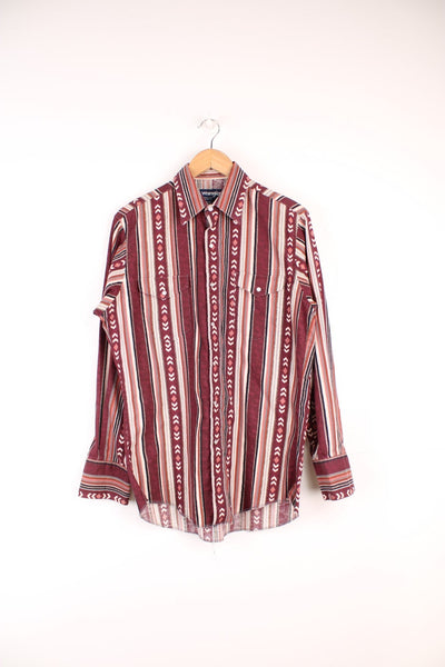 Vintage Wrangler Western Patterned Shirt in a burgundy, tan and black colourway, button up and has double chest pockets.