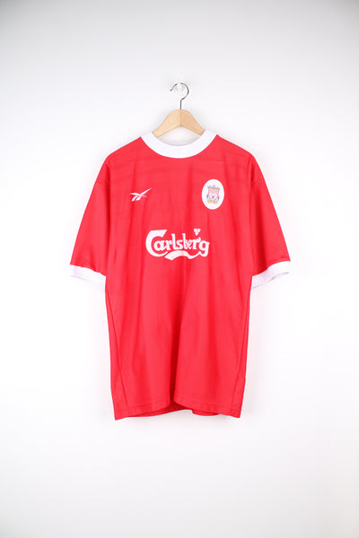 Vintage 1998-00 Liverpool F.C football shirt with embroidered badges and raised sponsor good condition- light discolouring on the sponsor good condition Size in Label: 38"/ 40" - Measures like a mens M