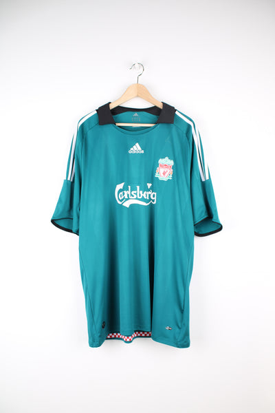 2008 - 09 Liverpool Football Club 3rd away shirt in green with embodied team logo on the chest. good condition - some light marks on the back (see photo) Size in Label: Size faded - Measures like a Mens L