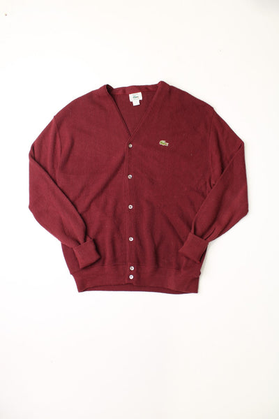 80s/90s Lacoste red/burgundy button-up cardigan with embroidered logo on chest.