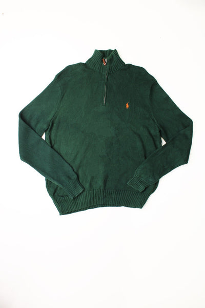 Vintage Polo Ralph Lauren forest green knit quarter zip jumper with leather zip pull detail and logo embroidered in orange.  