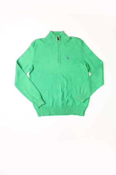 Vintage Polo Ralph Lauren bright green knit quarter zip jumper with leather zip pull detail and logo embroidered in purple.  