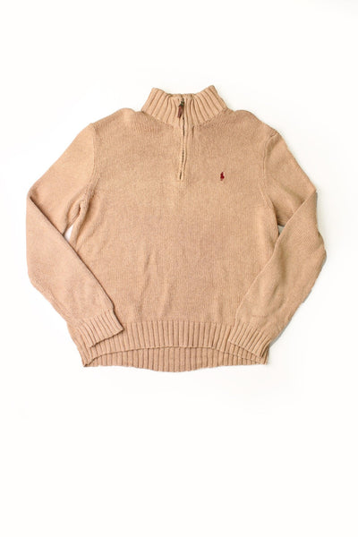 Vintage Polo Ralph Lauren tan knit quarter zip jumper with a brown leather zip pull detail and the logo embroidered in maroon. 