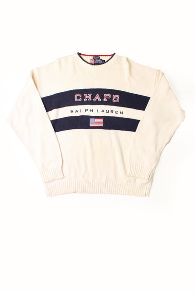 Ralph Lauren Chaps white jumper with navy blue stripe details and an embroidered Chaps - Ralph Lauren and USA flag logo. 