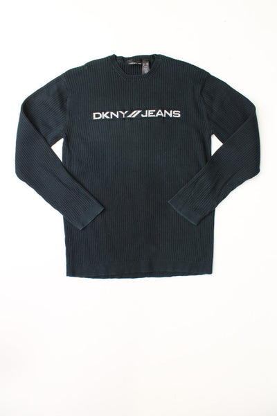 DKNY Jeans dark navy knit jumper with 'DKNY JEANS' logo in grey across the chest. 