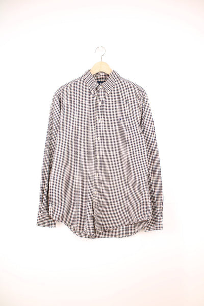 Ralph Lauren Shirt in a tan and black checkered colourway, button up with the logo embroidered on the front. 