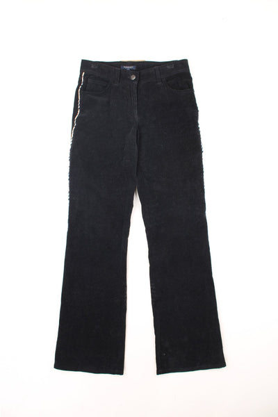 Burberry all black corduroy wide leg trousers with nova check piping on the sides 