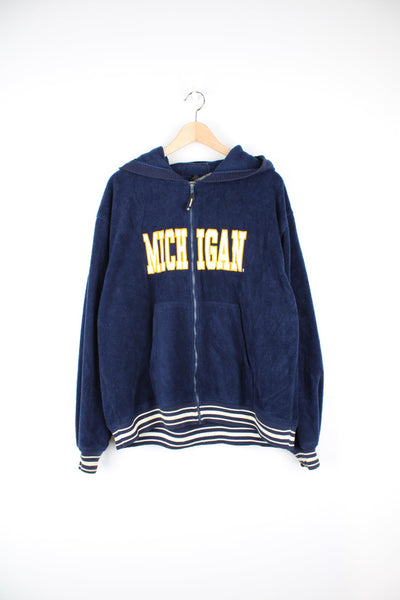 Michigan Wolverines zip through blue fleece hoodie by Starter with embroidered lettering and badges 