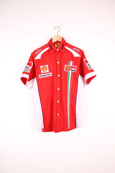 Vintage Ferrari Marlboro Racing Shirt in a red and white colourway, button up and has the brand logos embroidered all over. 