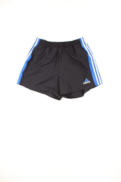 Blue and black Adidas swim shorts with elasticated drawstring waist. Features signature three stripes down each leg and embroidered logo. 